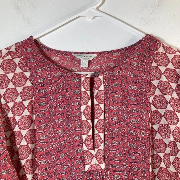 Womens Lucky Brand Short Sleeve Blouse Peep Hole Front XL Orange Cream XL Viscos - Picture 3 of 8